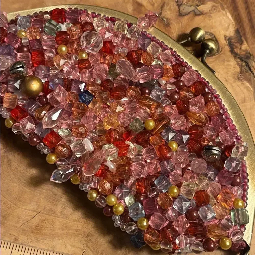 NEW. Beaded Clutch with Multi Colored Stones & Gold Kiss Lock